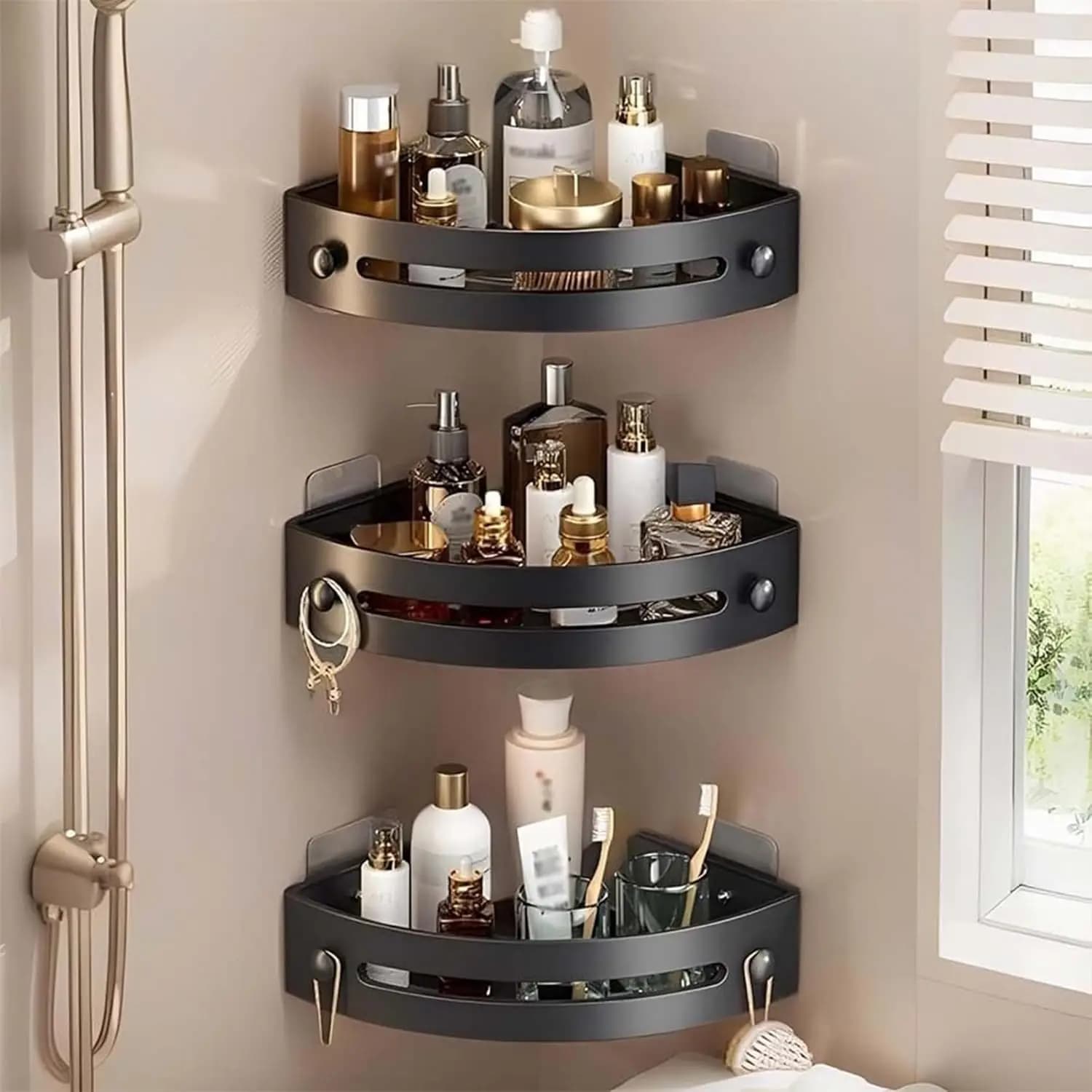 Triangle Shower Caddy, 3-Tier Corner Shelves Shower Storage Rack, Drill Free Wall Mount Shower Organizer (3Pcs Black)