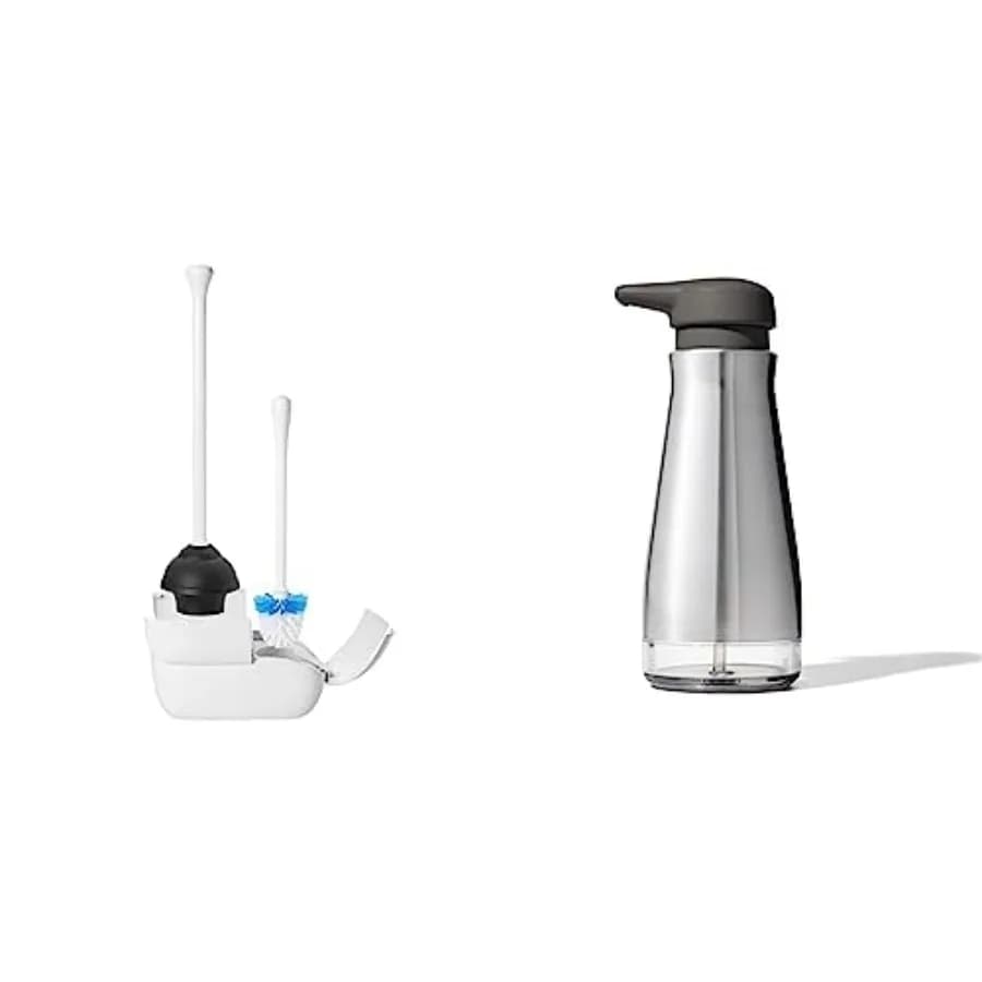 Set di buone impugnature, spazzola per WC e stantuffo, dispenser di sapone bianco e con buone impugnature in acciaio inossidabile