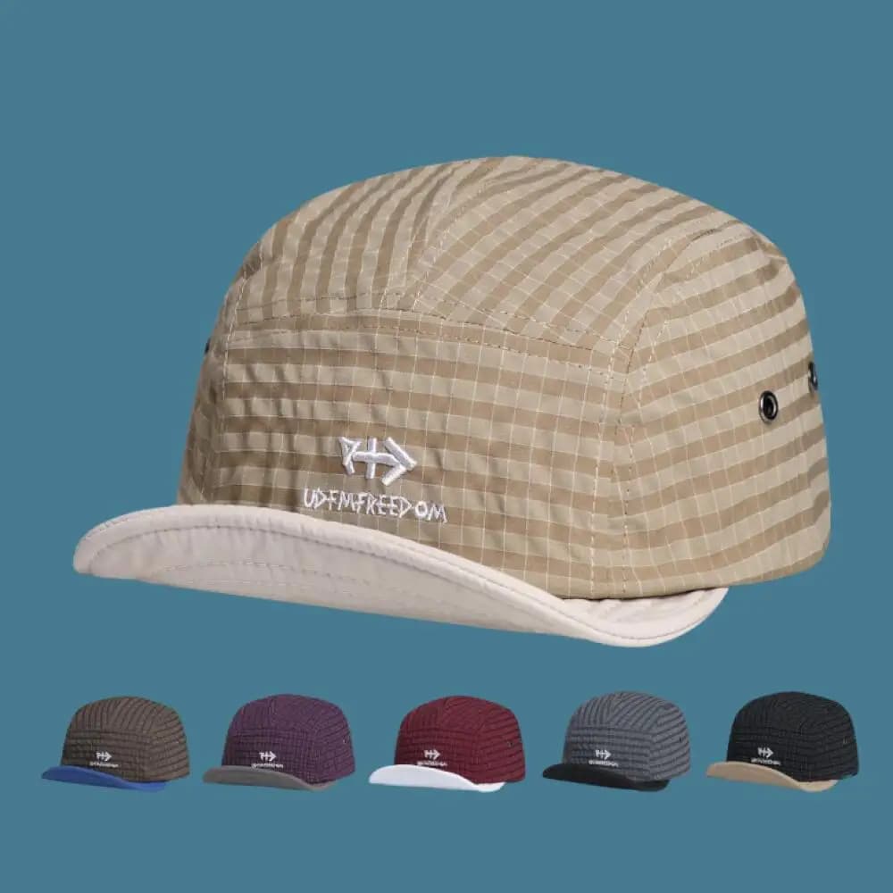 5 Panel Baseball Cap Short Brim Retro Embroidery Letter Plaid Hat for Men Women Streetwear Casual Outdoor Adjustable Cap