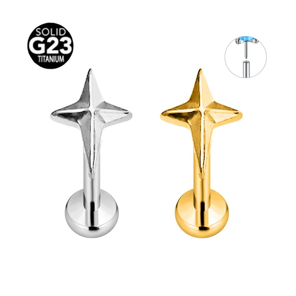 ASTM F136 G23 Titanium Star Cross Threadless Piercing Pin Push in Lip Stud Daith Conch Tragus Flat Back Earring 16G 18G 20G