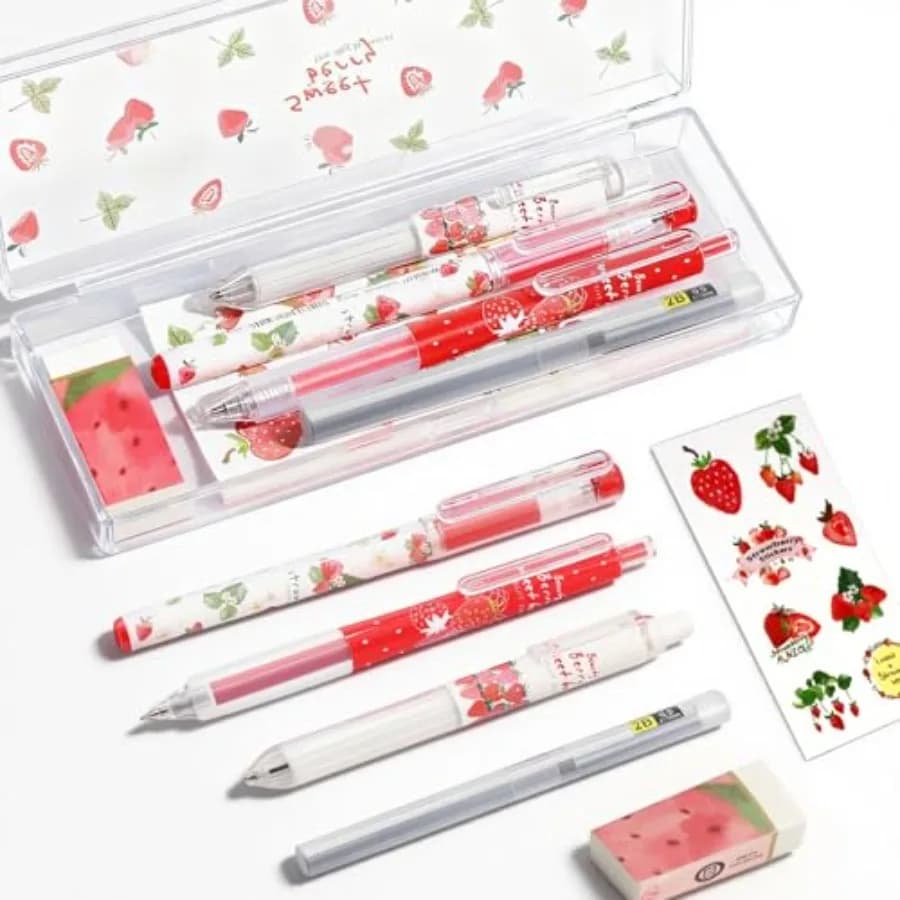 Cute Strawberry Pens Set Include Kawaii 0.5mm Strawberry Mechanical Pencil, Mechanical Pencil Lead Refills, Erasers, Gel Pens,