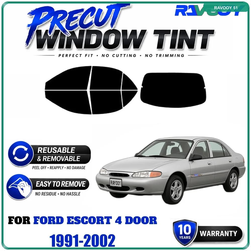 RAVOOY Precut Window Tint, Reusable Removable EPU Film, Custom Fit for Ford Escort 4 Door 1991-2002, UV Heat Protection