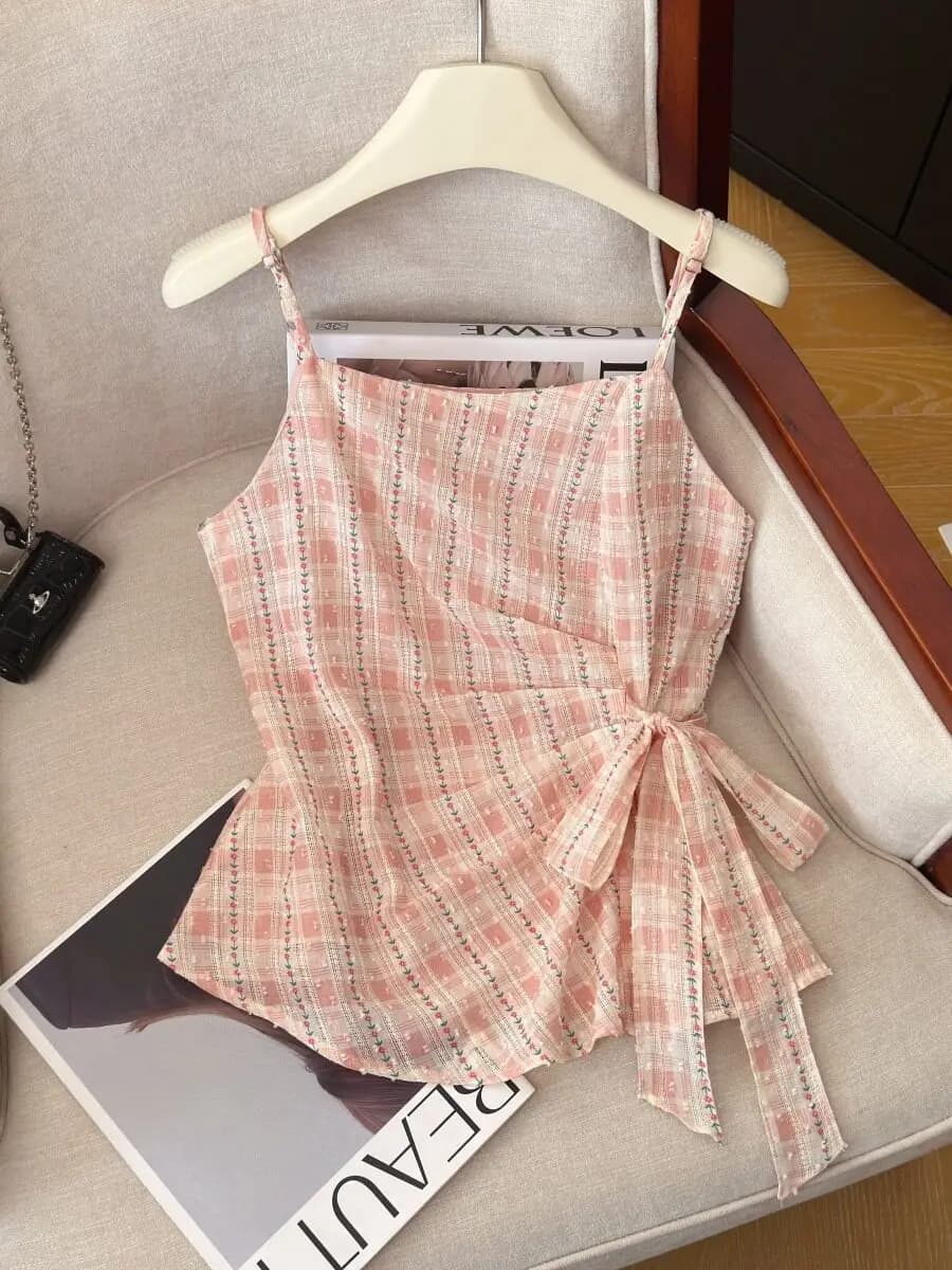 Summer Pink Plaid Strap Vest Women's Belted Slimming Sleeveless Top Sweet Spicy Girl Style Cotton Breathable Casual Wear