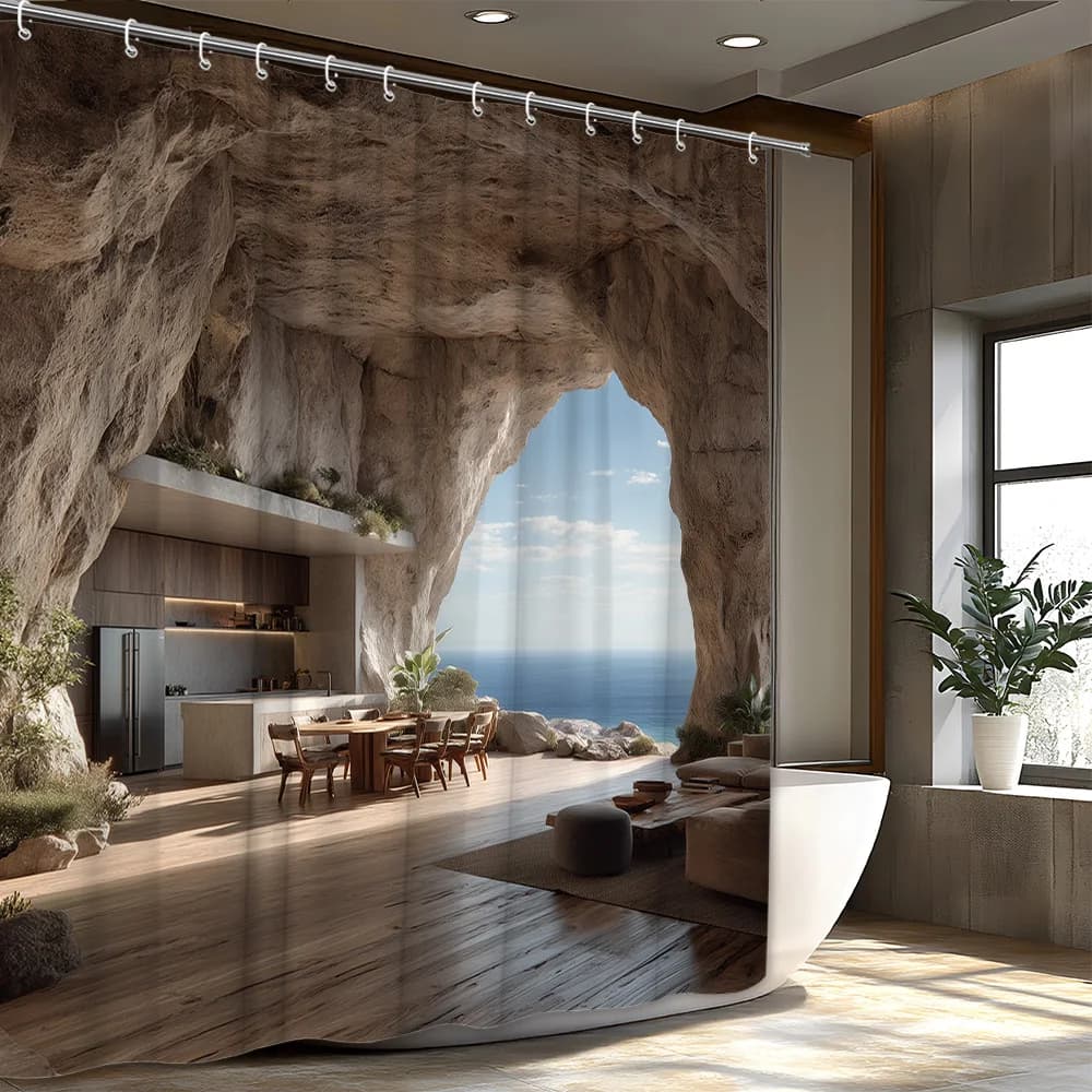 Tenda da doccia con vista sulla grotta e sull'oceano, decorazione per il bagno stampata in 3D, ispirata alla natura, tendenza del design della moda per la casa