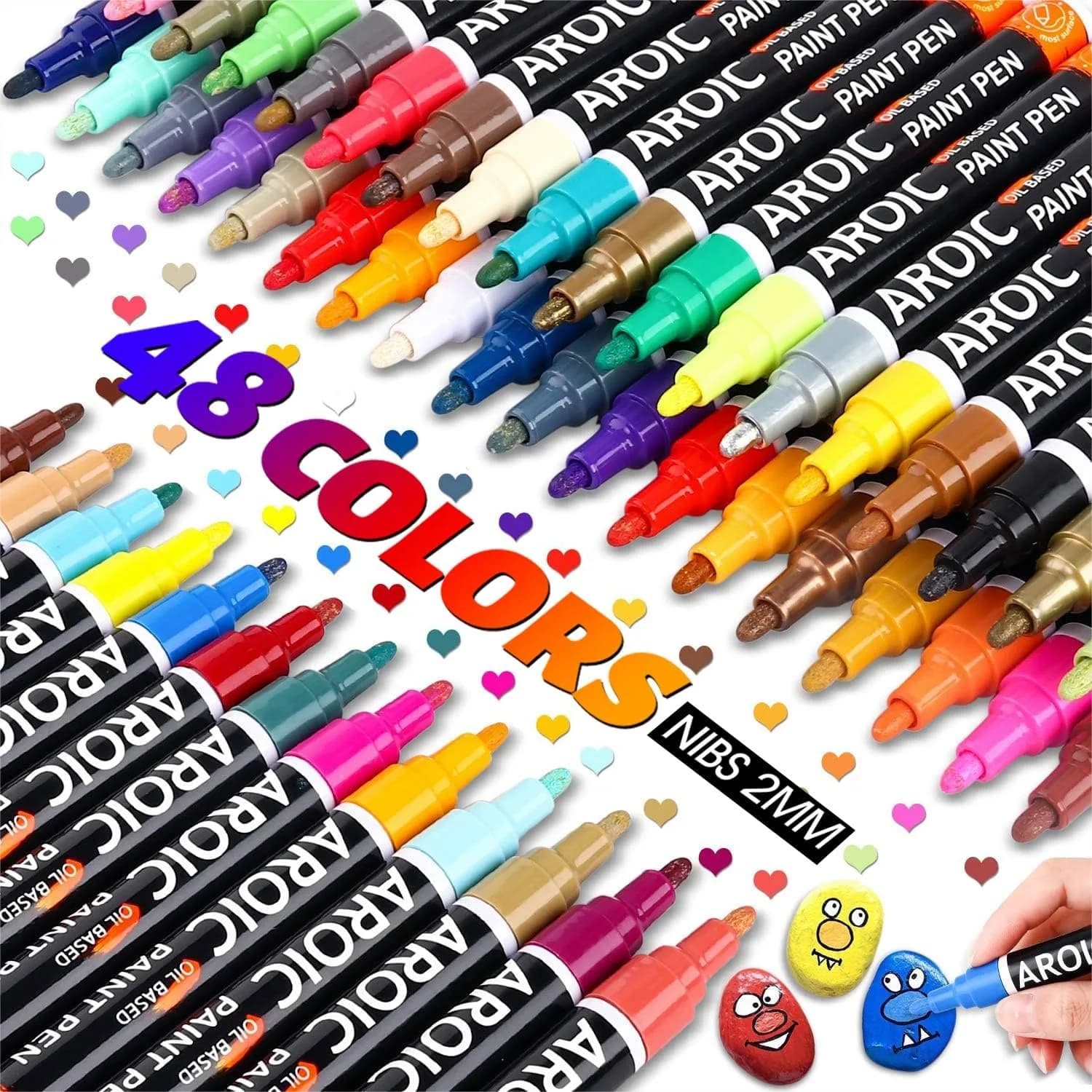 48 Pack Oil-Based Paint Markers Medium Tip Low Odor Rock Painting Pens For Wood Metal Plastic Glass Canvas Ceramic Surfaces