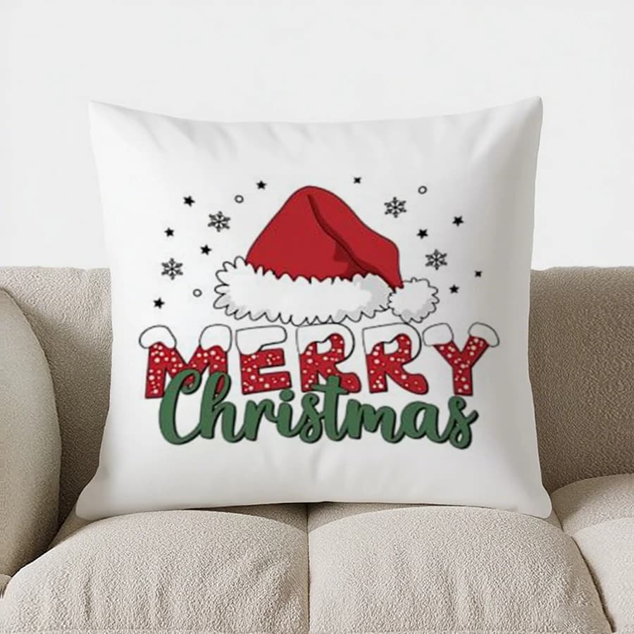 Fodera per cuscino decorativa con cappello da Babbo Natale di buon Natale con stampa corta in peluche per la fodera per cuscino decorativa del divano del soggiorno