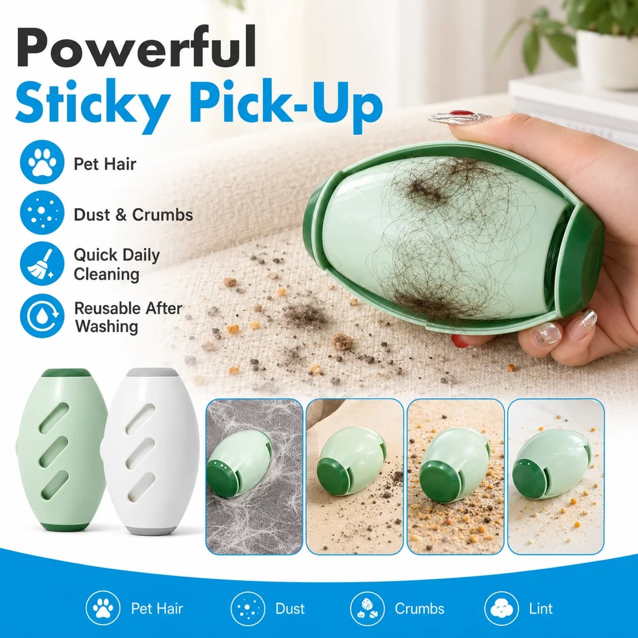 1PC Washable Sticky Lint Roller Reusable Pet Hair Remover Dust Cleaner For Clothes Sofa Carpet Car Seat Home Travel Cleaning