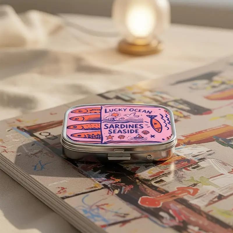 2-Compartment Portable Metal Pill Case With Sardine Print Sturdy Hinged Lid Perfect For Travel Daily Carry First Aid Kit