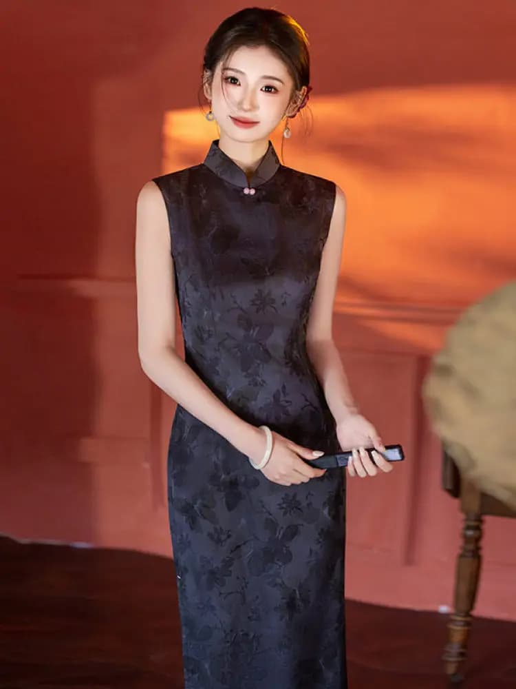 Young Style Chinese New Long Sleeveless Waist-Cut Vintage Fit Dress Spring Summer Breathable Low Slit Daily Wear