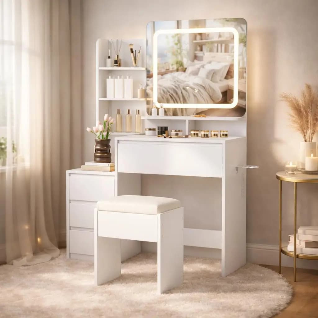 Toeletta Bianca con Specchio Illuminato, Hub USB, Ampio Cassetto, Sgabello, Ripiani Portaoggetti, Cassetto Scorrevole, Supporto per Asciugacapelli, Personalizzabile