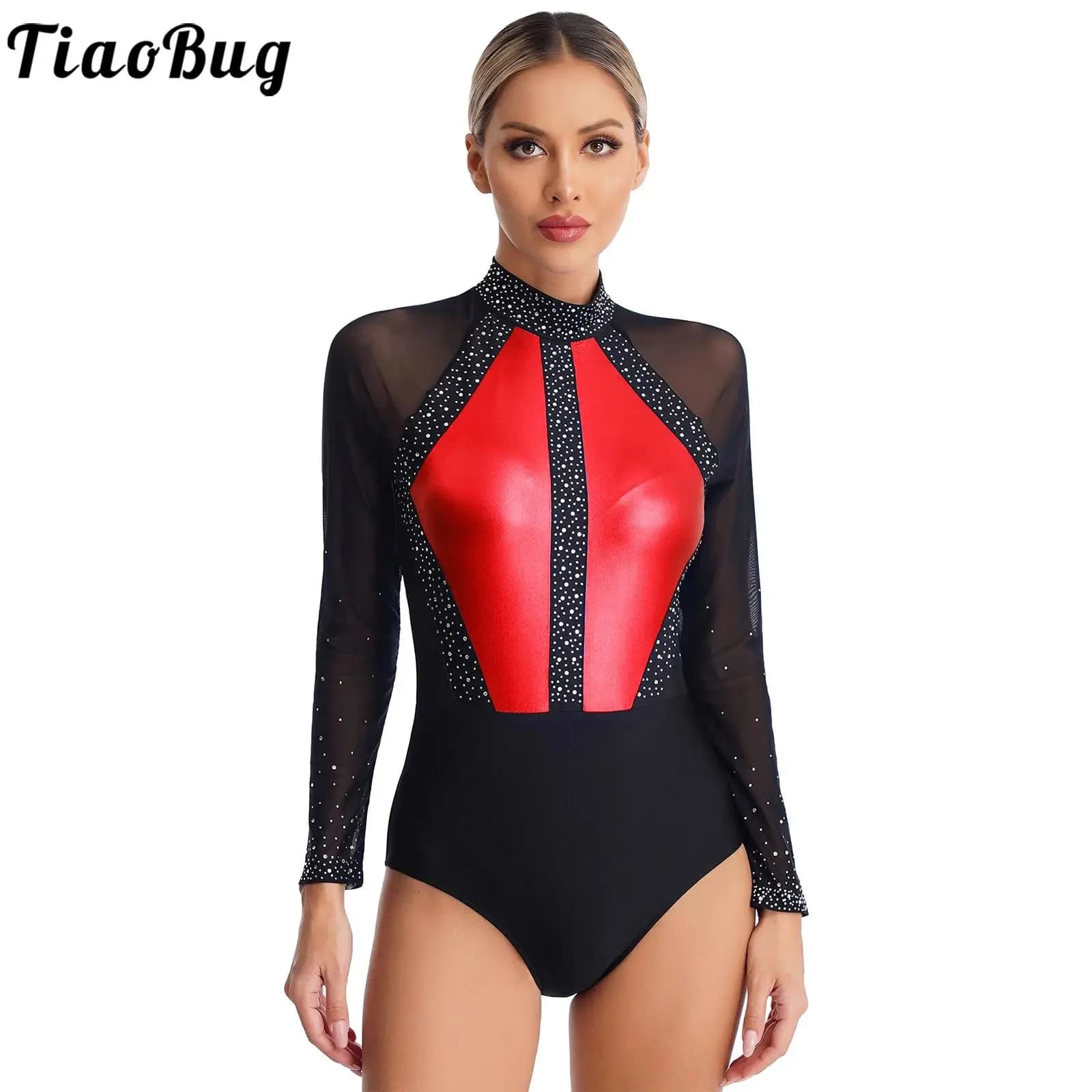 Body da ginnastica metallico da donna body top Mesh manica lunga strass Costume da ballo di balletto tuta da pattinaggio artistico