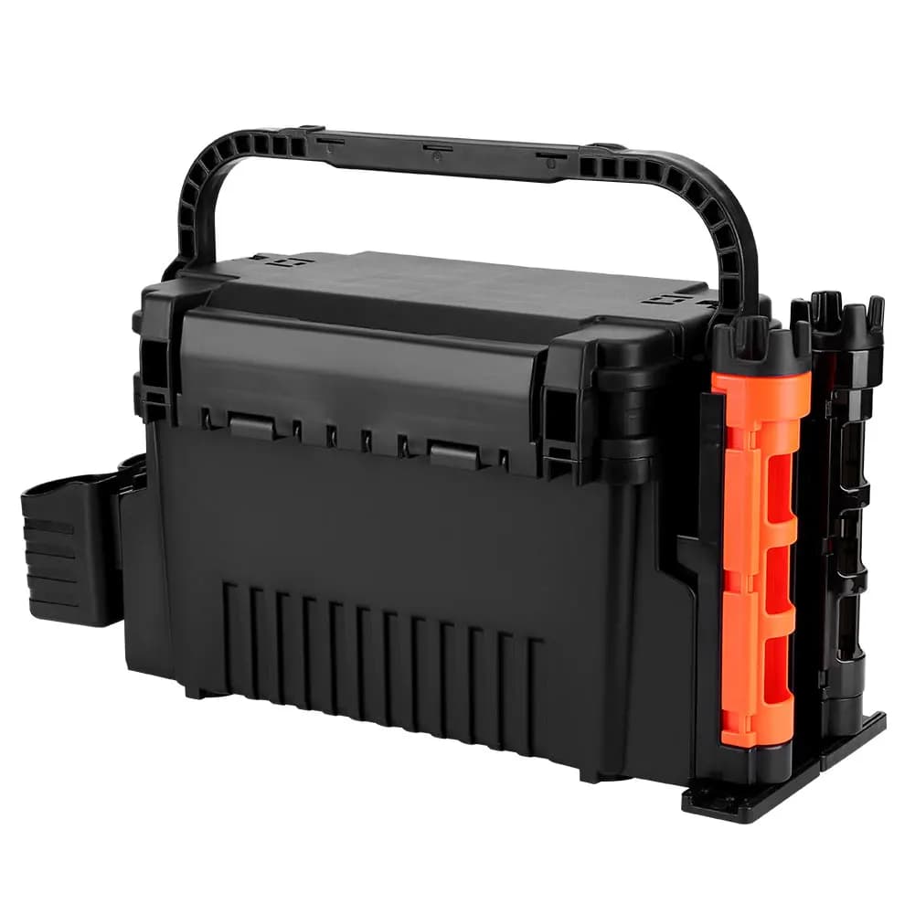 2 level fishing gear box with bucket holder and barrel holder, fishing accessories container, fishing gear box