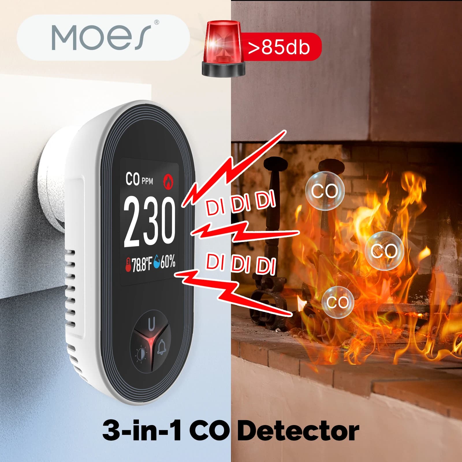 MOES 3-in-1 Carbon Monoxide Detector with Display, Integrated Temperature and Humidity Sensor, Sound Alarm