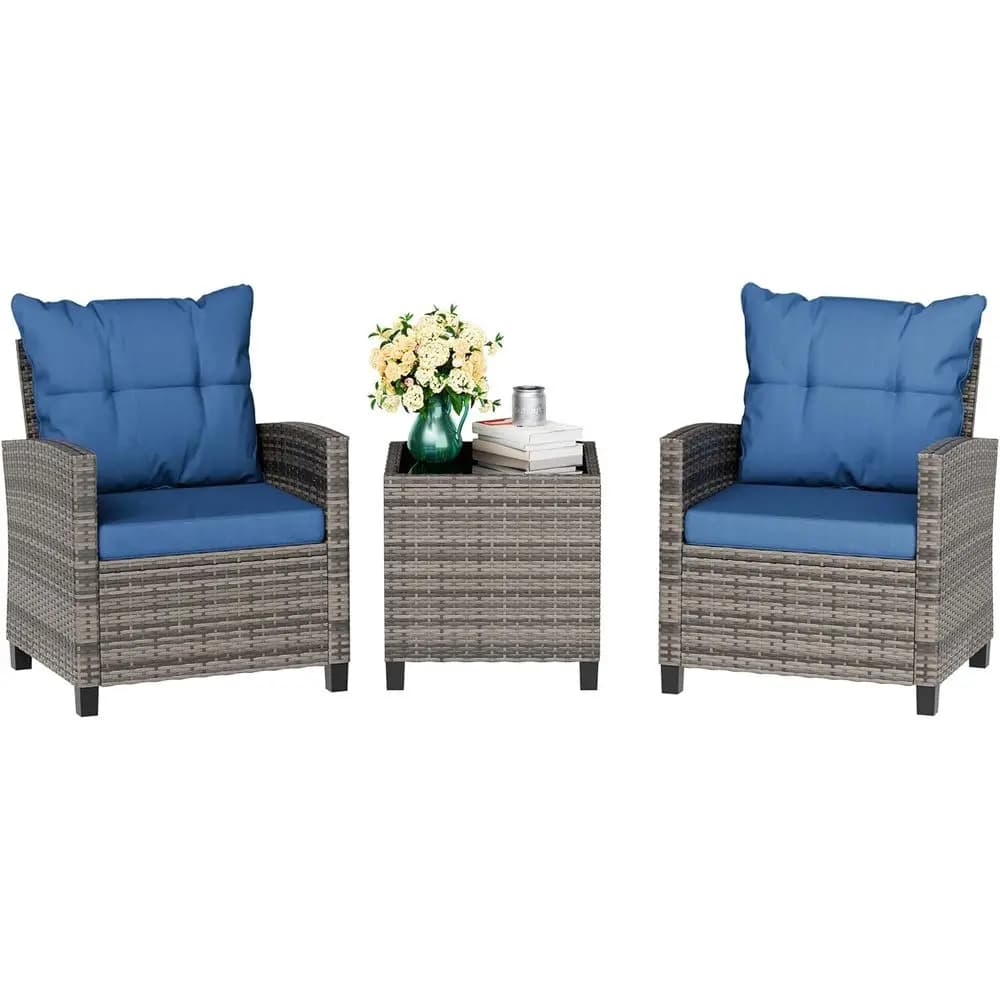 Set Bistrot Complete with Outdoor Vimini Chairs and Glass Table for Patio, Garden, Balcony and Pool Edge (Blu)