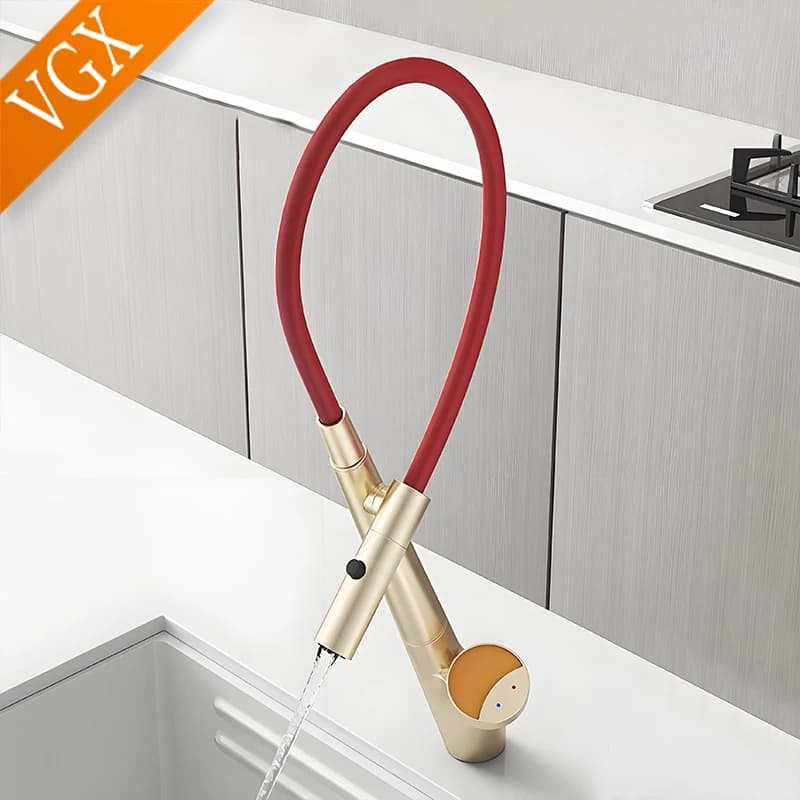 VGX Rubinetto da cucina in oro Rubinetti per lavello Rubinetti per spruzzatore a flusso estraibile in gomma Miscelatore da cucina girevole Rubinetto per acqua Gru calda fredda Ottone