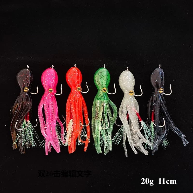 Artificial bait shaped like a soft octopus in box with love for fishing in fresh and salty water