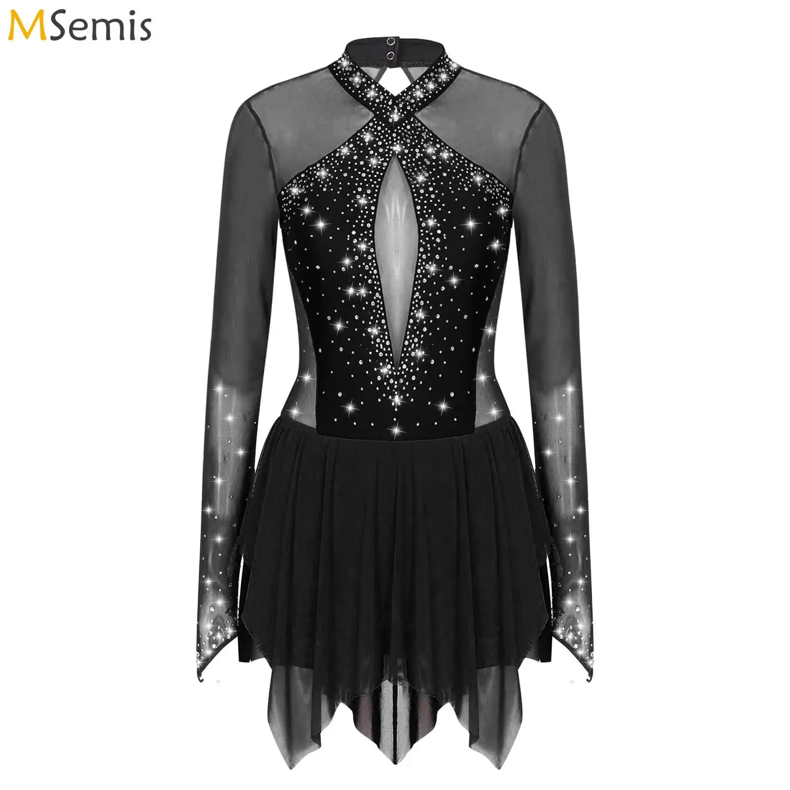 Body da ginnastica metallizzato da donna Abito da ginnastica ritmica Body con strass Yoga Pattinaggio di figura Tuta Body da balletto