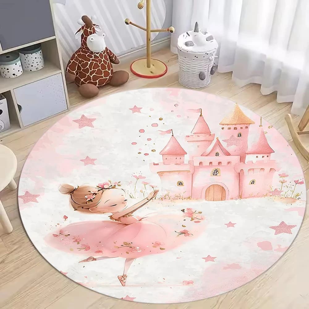 Tappeto rotondo Ballerina Princess, tappeto da sogno e incantante decorazione per la casa con tono bianco rosa per sala giochi per la camera dei bambini