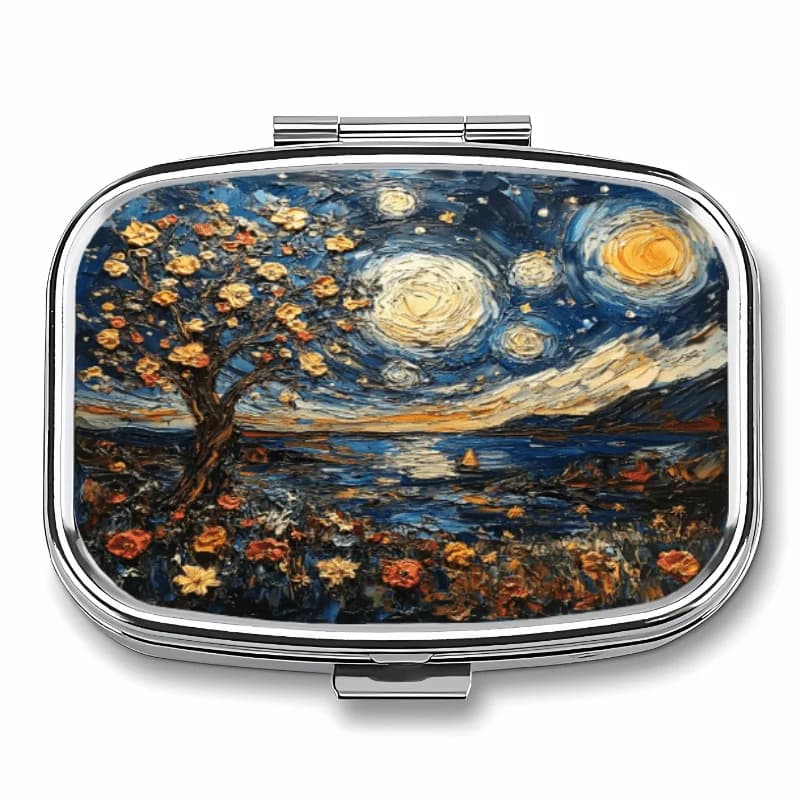 1 Metal Flip-Top Plastic Pill Box, with a Night Sky Flower Tree Pattern, 23 Compartments, Mini Portable Multifunctional Metal Box, Can Be Used for Pills and Jewelry, Convenient for Travel, Highly Decorative, Unique Birthday Gift, Suitable for Placing in a Wallet