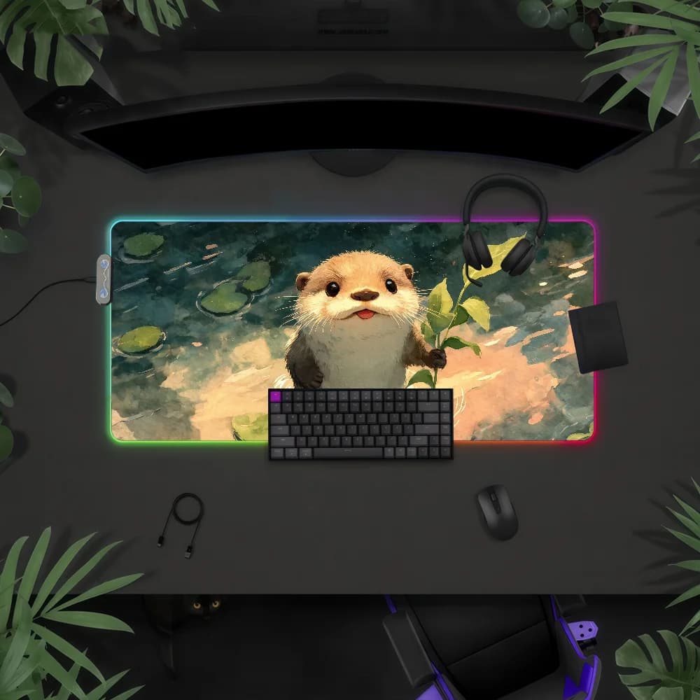Tappetino per Mouse con Luce LED RGB a Forma di Lontra Cartoon Kawaii, Copertura Antiscivolo per Tastiera da Gioco, Superficie Impermeabile