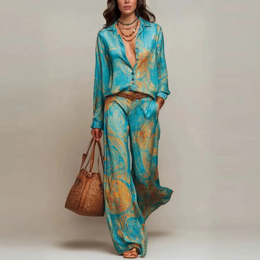 Women's Boho Paisley Print Two-Piece Set Long Sleeve Button Down Blouse Top Wide Leg Pants Casual Loose Suit for Vacation