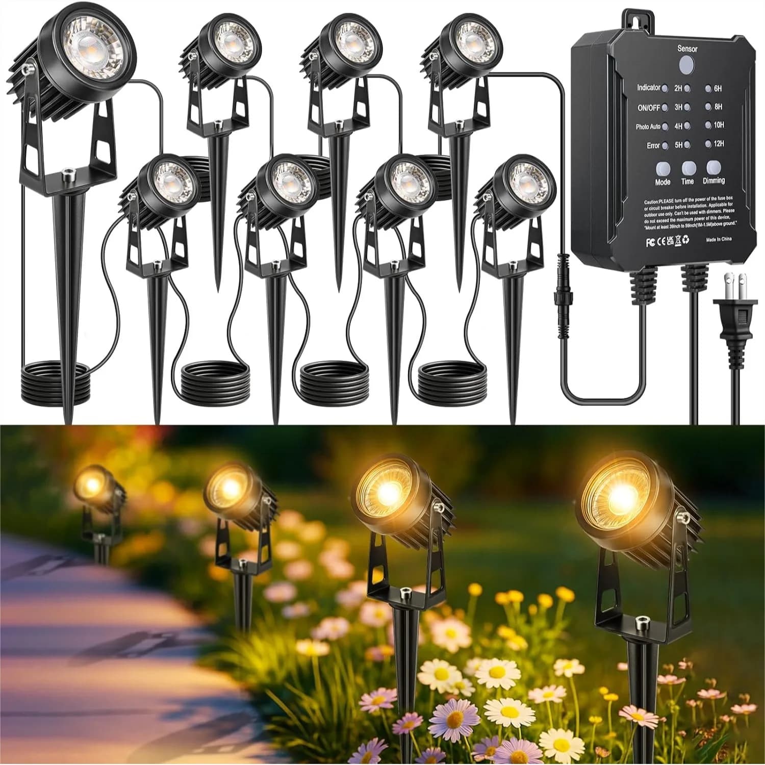Kit di Illuminazione per Esterni a Bassa Tensione Plug and Play, Set di 8 Faretti LED Cablati con Trasformatore Intelligente, Luce Bianca Calda Impermeabile
