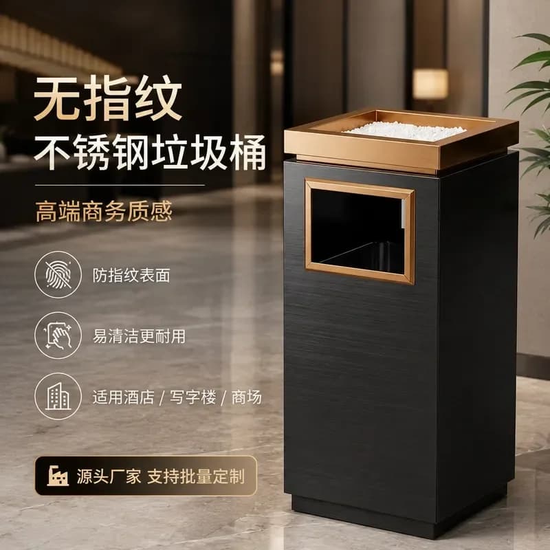 Large Capacity Square Stainless Steel Trash Can with Lid Commercial Creative Flip Bin for Lobby Hotel Waste Classification