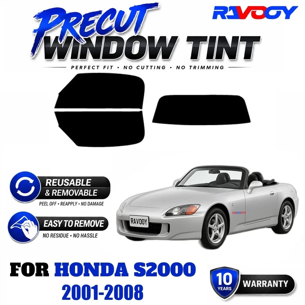 RAVOOY Precut Window Tint, Reusable Removable EPU Film, Custom Fit for Honda S2000 2001-2008, UV Heat Protection
