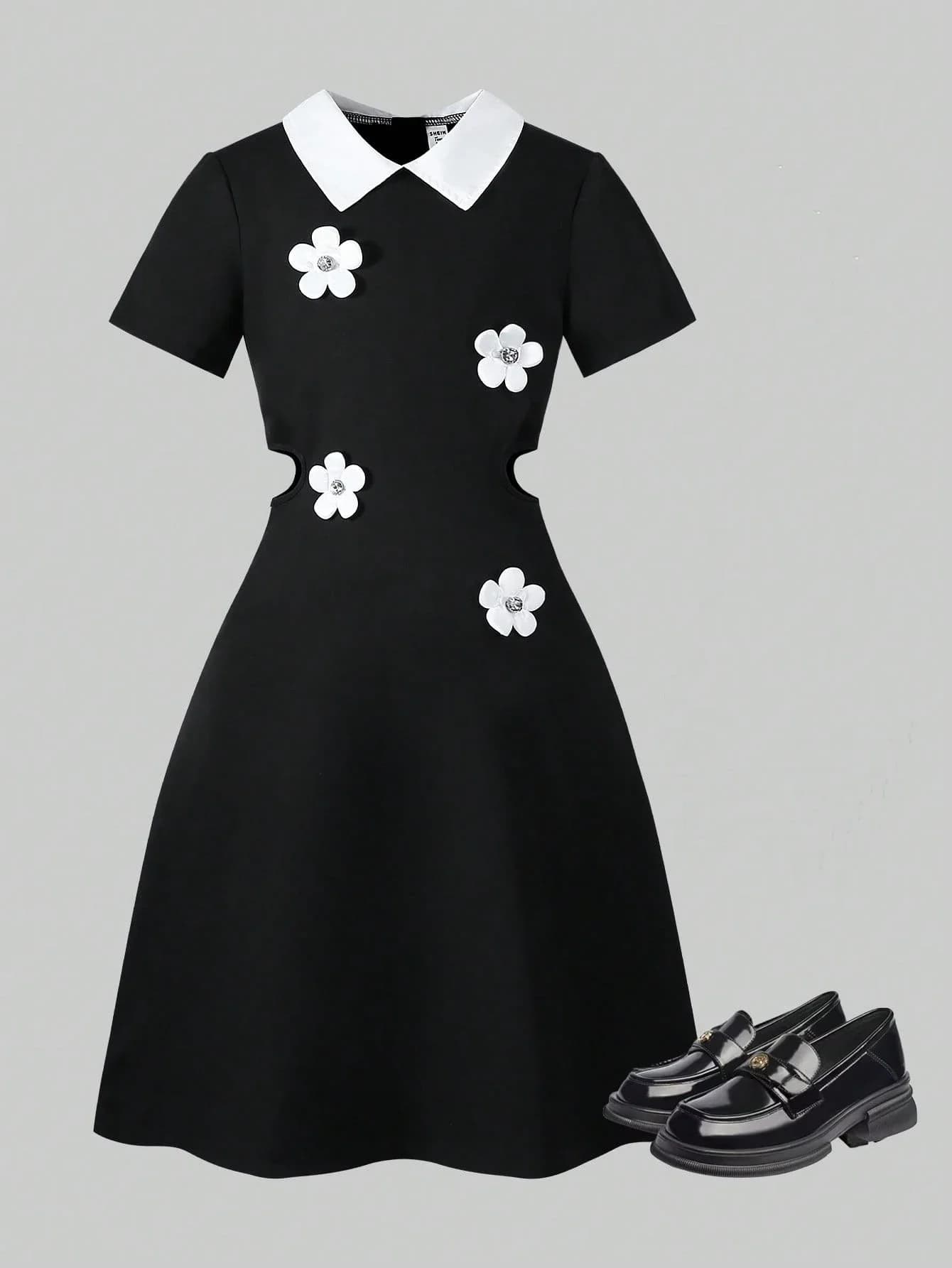 Black A-Line Dress With White Collar And Hollow Out Design Summer