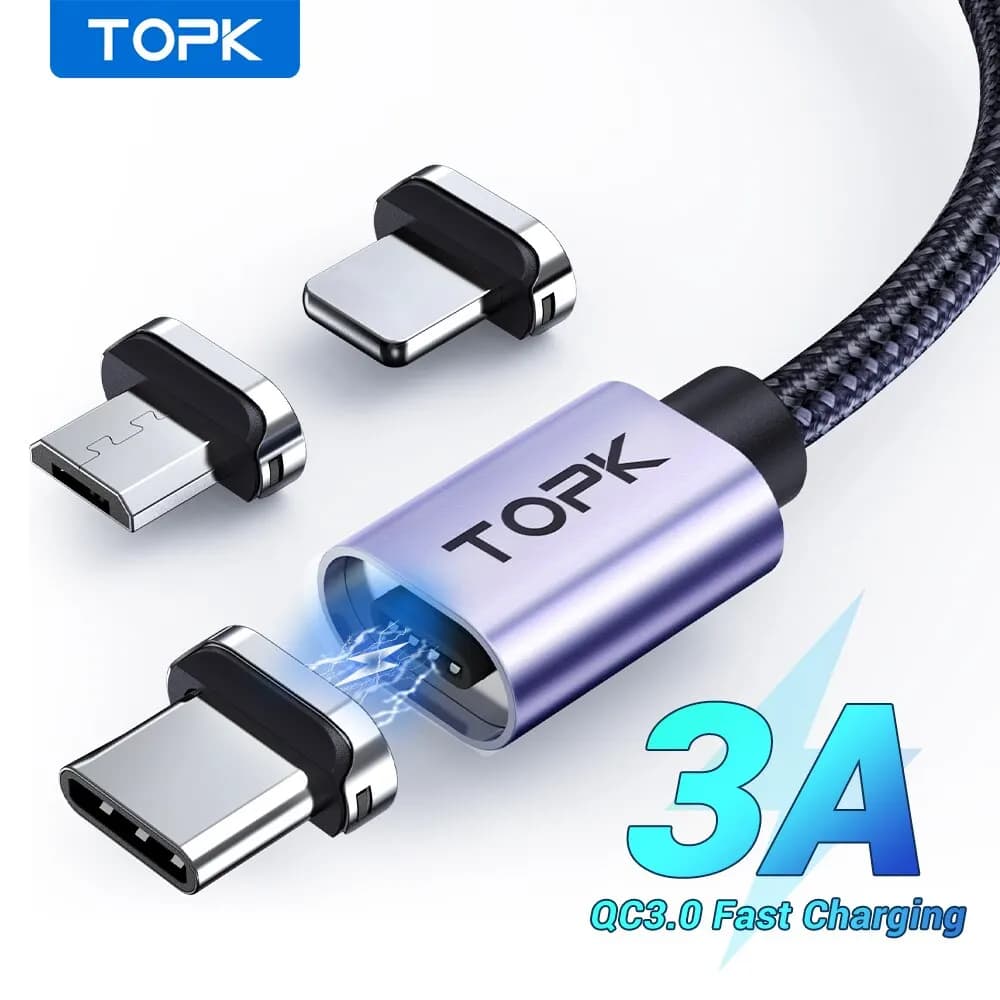 Cavo di ricarica magnetico TOPK Cavo micro USB tipo C 3A con cavo di ricarica per telefono con magnete a luce LED per dispositivi Android iPhone