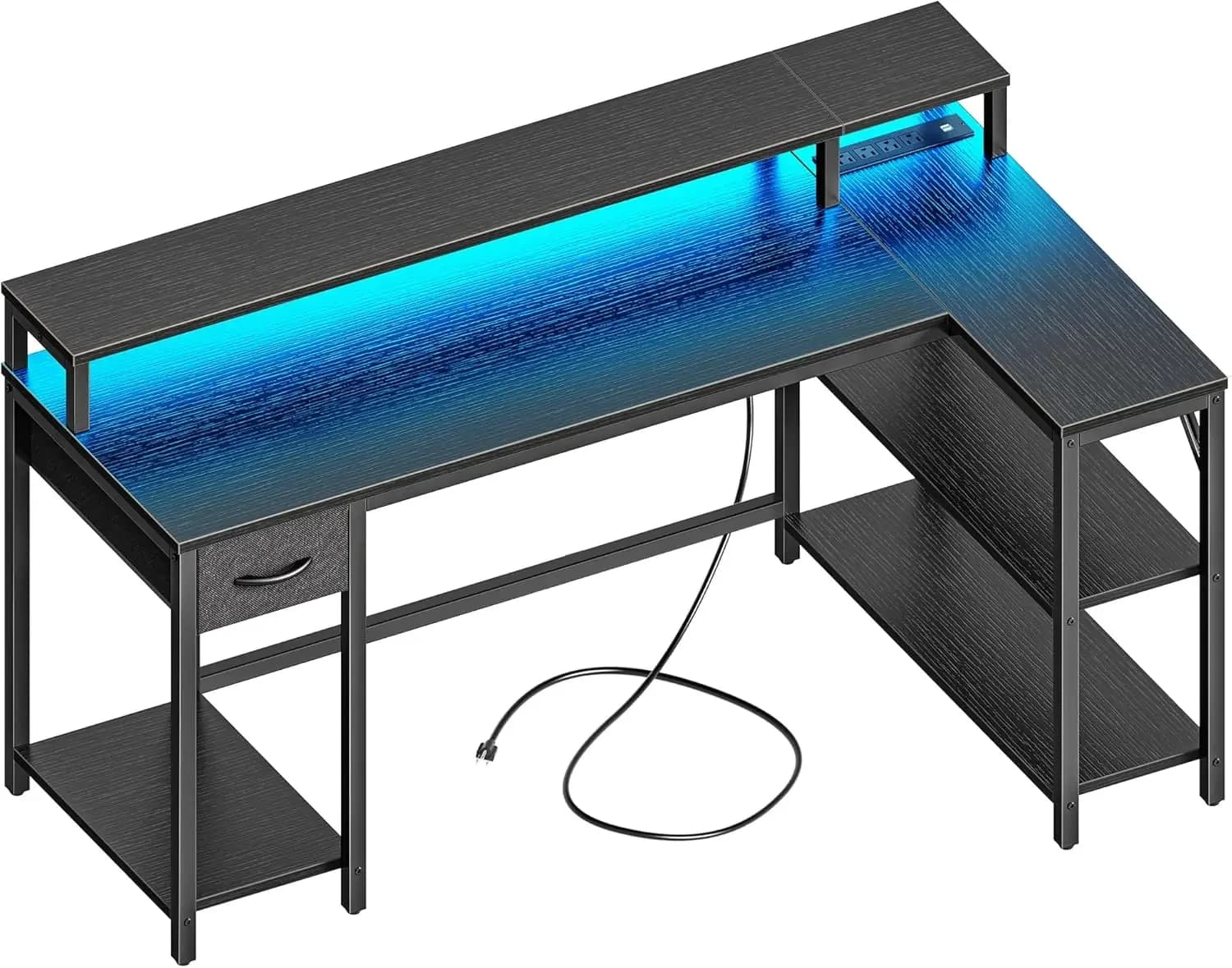Scrivania da gaming a forma di L da 53 pollici con luci LED e prese di corrente, scrivania per computer reversibile con ripiani e supporto per monitor, scrivania ad angolo