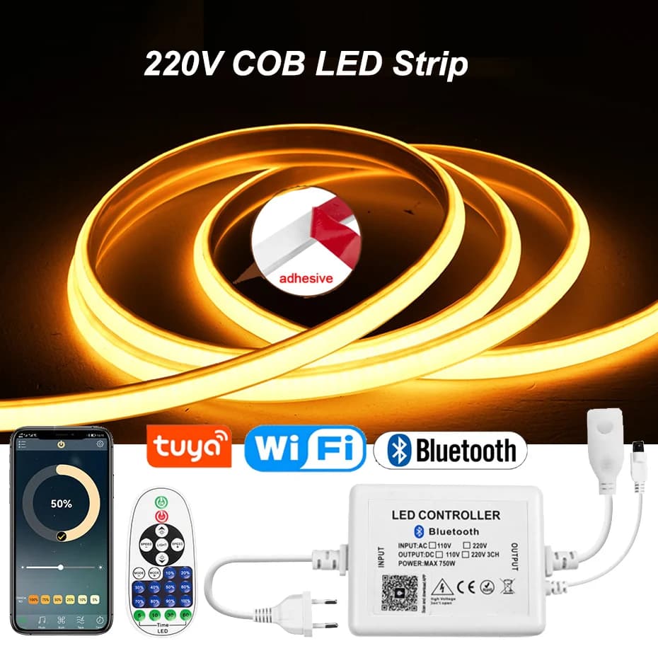 Tuya WiFi Bluetooth COB LED Strip Light 220V 288LEDs/m IP65 Waterproof Dimmable Adhesive Tape EU Plug for Garden Room Lighting