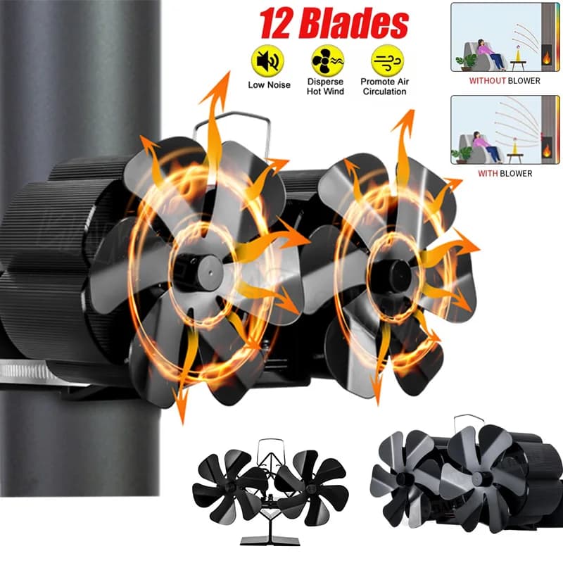 Ventilatore per camino nero con 12 pale Ventilatore per stufa alimentato a calore Nessuna batteria o elettricità richiesta Bruciatore a legna per tronchi Ventilatore ecologico silenzioso