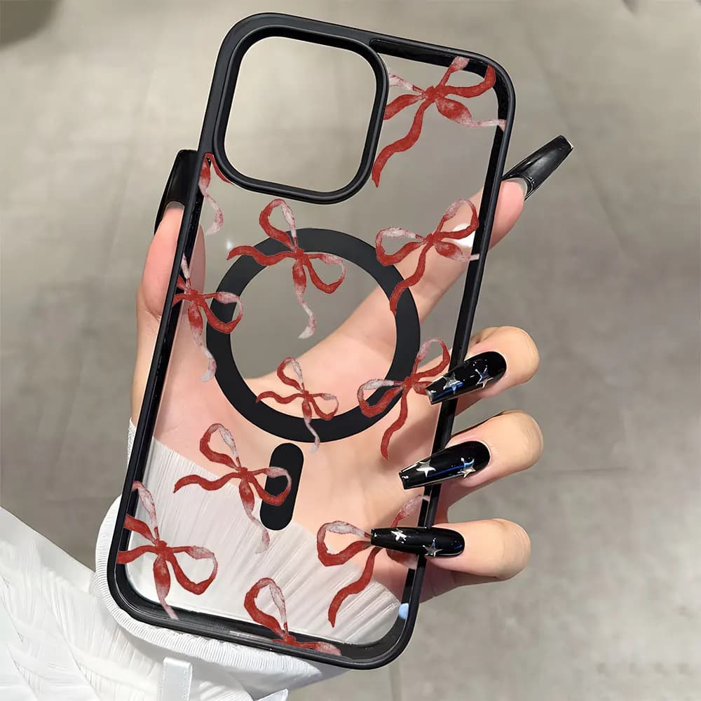 Gentle Retro Red Bow Pattern For Magnetic Phone Case For iPhone 17 16 15 14 13 12 11 Pro Max 17 Air 14 15 Plus Transparent Cover