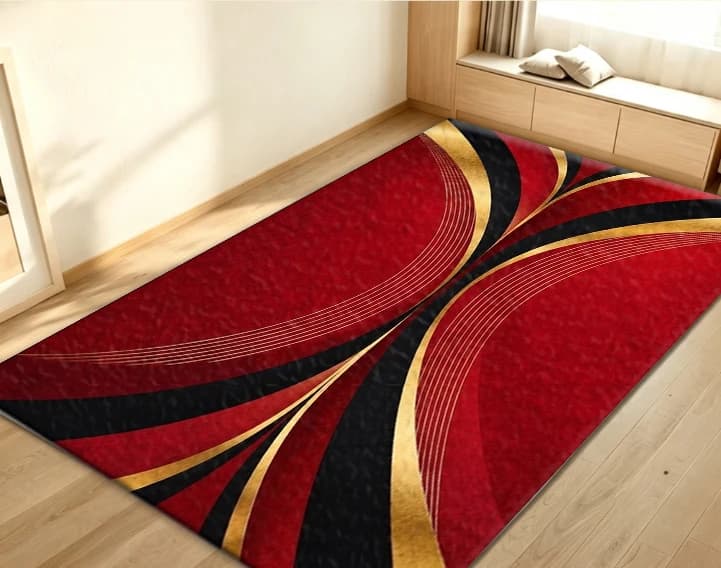 Luxury Red Gold Black Curved Line Area Rug Modern Art Non‑Slip Carpet Floor Mat for Living Room Bedroom Home Decor