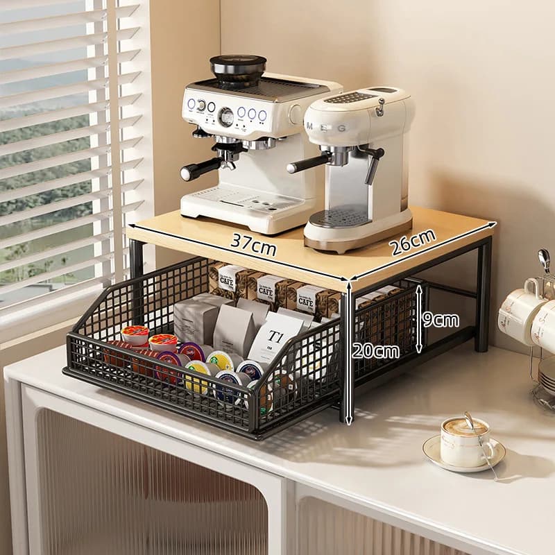 Coffee Machine Storage Rack Pull-Out Drawer Organizer Iron Wood Countertop Shelf for Tea Bags Coffee Capsules Cups Snacks Kitche