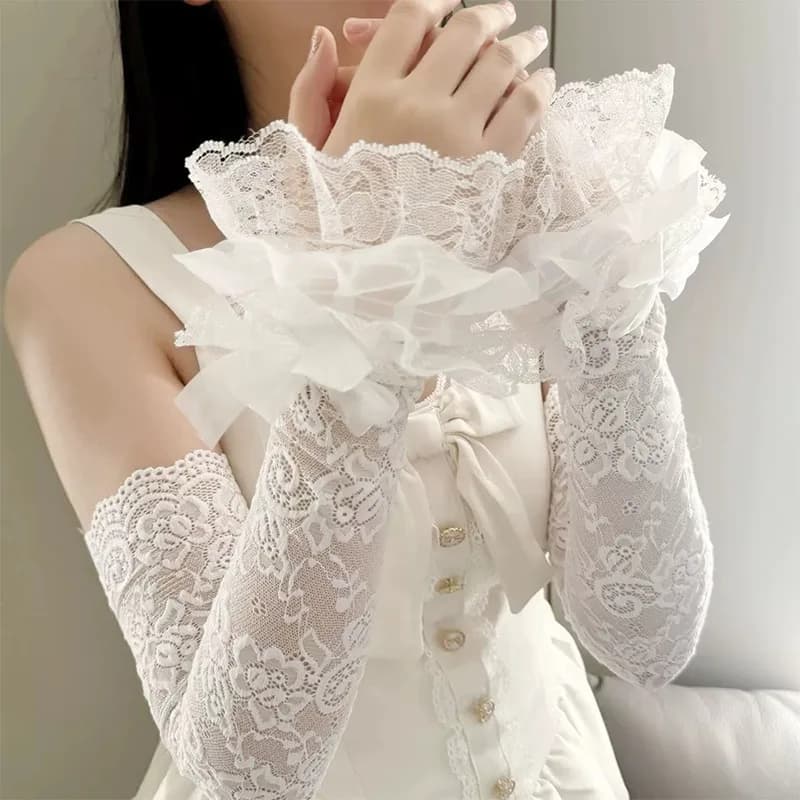 Set di Guanti Estivi Sottili in Pizzo Multistrato con Fiocco per Ragazze Lolita, Protezione Solare