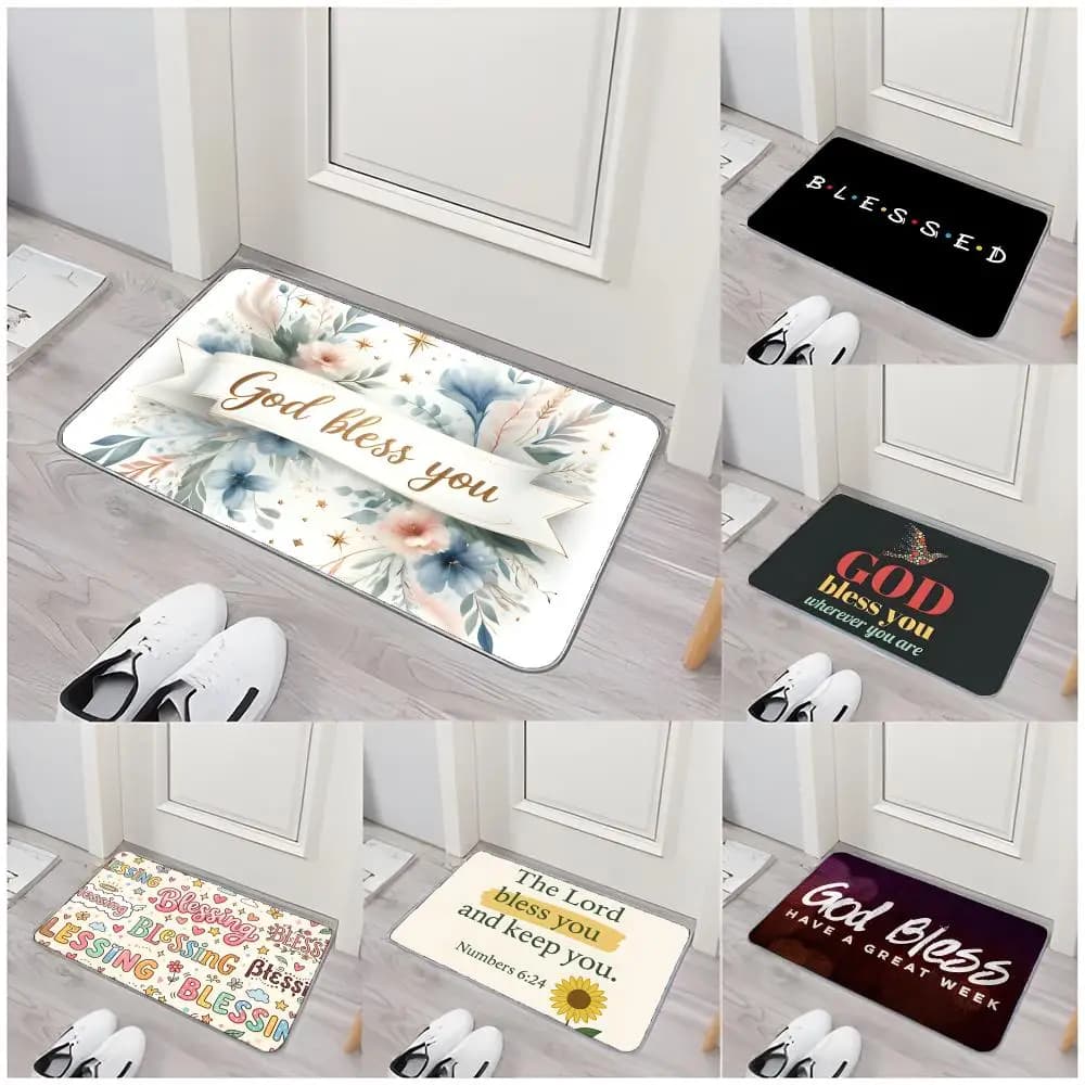 Slogan Peace G-God Bless You Floor Mat Non-Slip Washable Flannel Door Mat Absorbent Indoor Floor Rug
