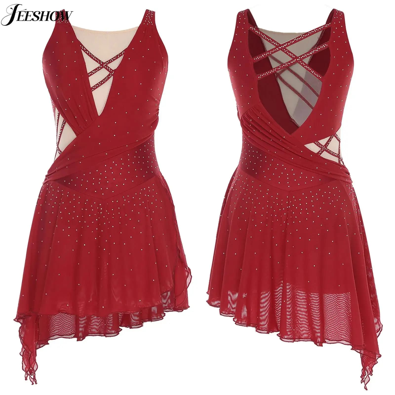 Costume da ballo lirico da donna con strass lucidi, scollato sulla schiena, con spacco laterale, gonna fluida, body, pattinaggio di figura, vestito da ballo