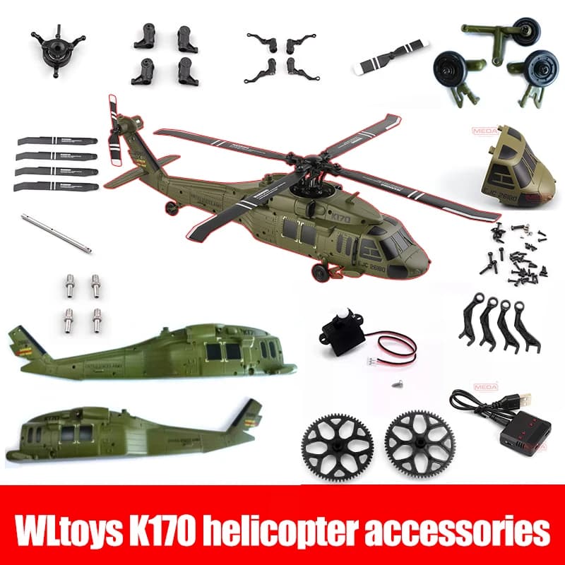 Wltoys K170 RC Elicottero Pezzi di ricambio Corpo Shell Lama Gear Coda Motore Rotore Testa Ricevitore Parti di regolazione elettrica