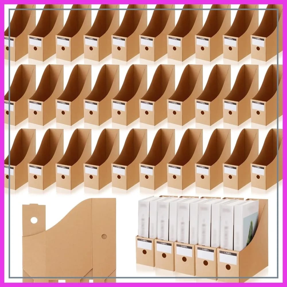 Organizzatore per riviste in cartone da 50 pezzi con etichette per scuola, ufficio, casa, marrone
