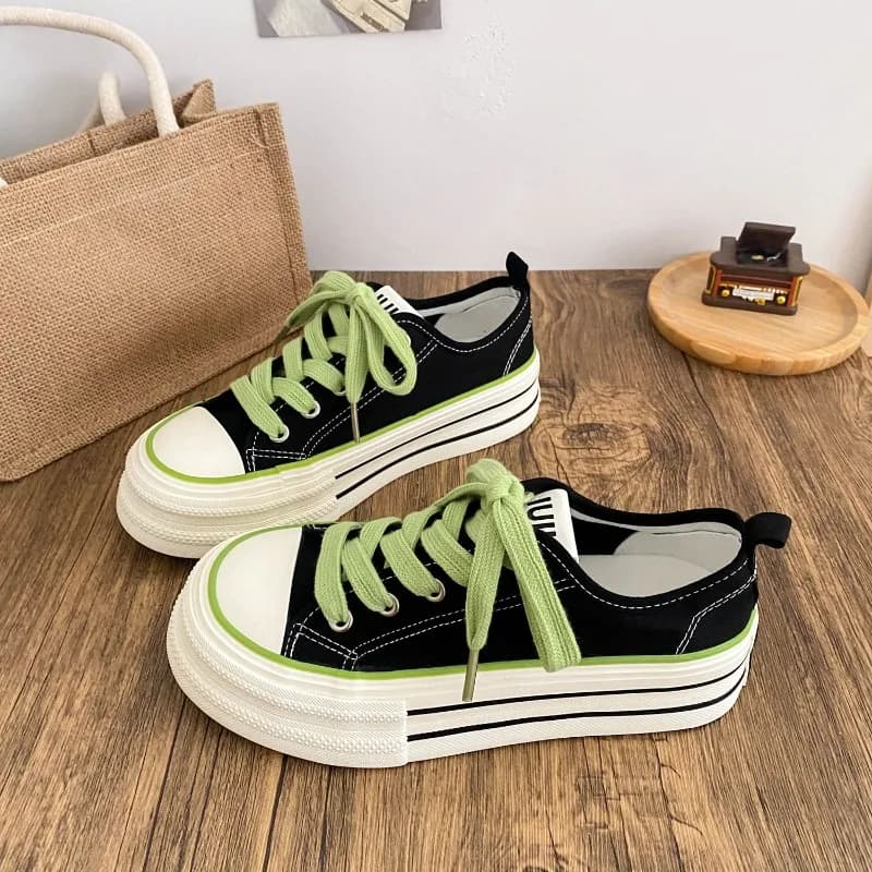 Scarpe in tela con suola spessa da donna, punta tonda, lacci piatti, doppia fascia, versatili, suola sottile, traspiranti, casual a taglio basso