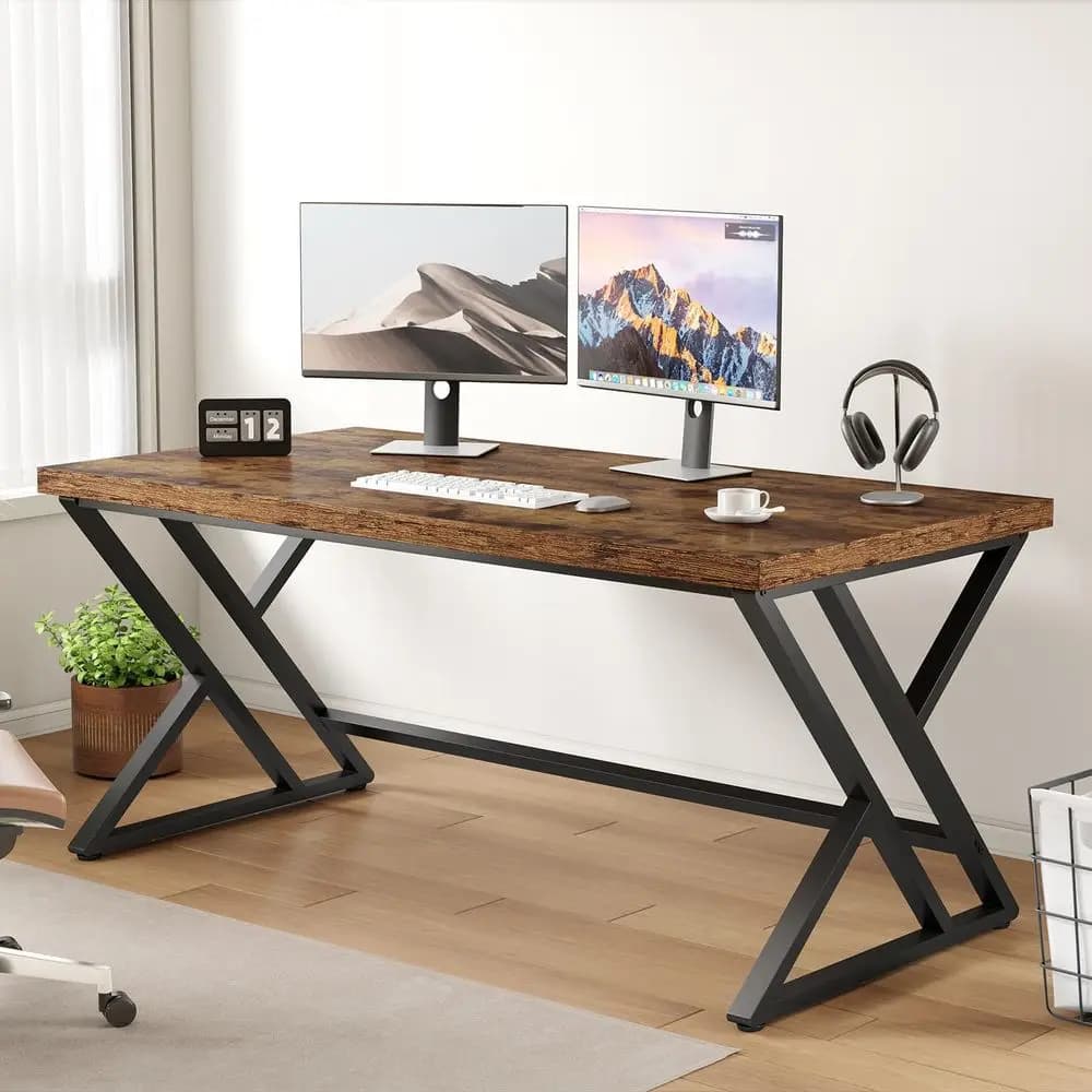 Scrivania Rustica Marrone in Metallo e Legno con Spazio di Archiviazione per Ufficio Domestico, Studio e Gaming