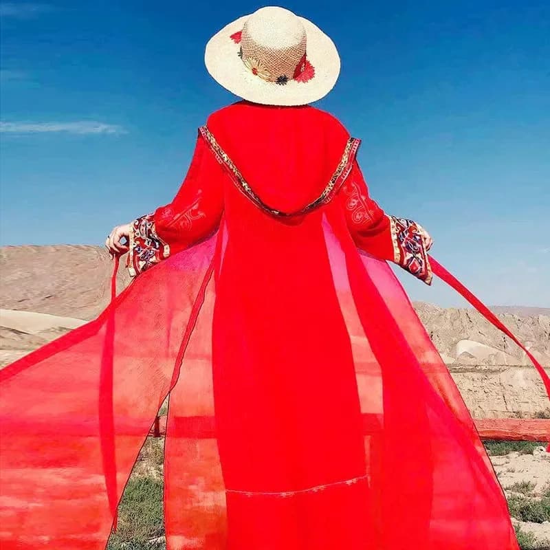 Xizang Desert Tourism New Red ethnic Style Cape Cardigan women's sunscreen in Chiffon 3/4 sleeves Cardigan woman