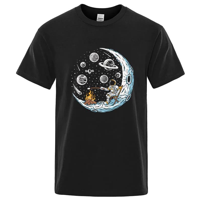 Men's T-shirt High Quality Funny Astronaut Moon Barbecue Print Cool Loose O-neck T-shirt for Men Short Sleeve Male Tops Tees