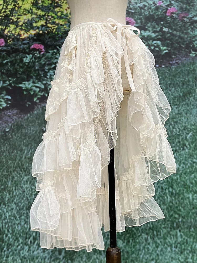 Gothic Lolita Lace Mesh Ruffles Fairy Princess Party Gonna Donna Asimmetrica Tenda carina Sheer Cover Up Gonna lunga sottile Bianca