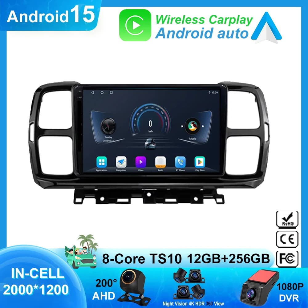 GPS Navigation for Citroen C5 Aircross 2017 2018 2019 2021 Android 15 5G HDR QLED Radio Dash Cam Multimedia Screen 2Din DVD