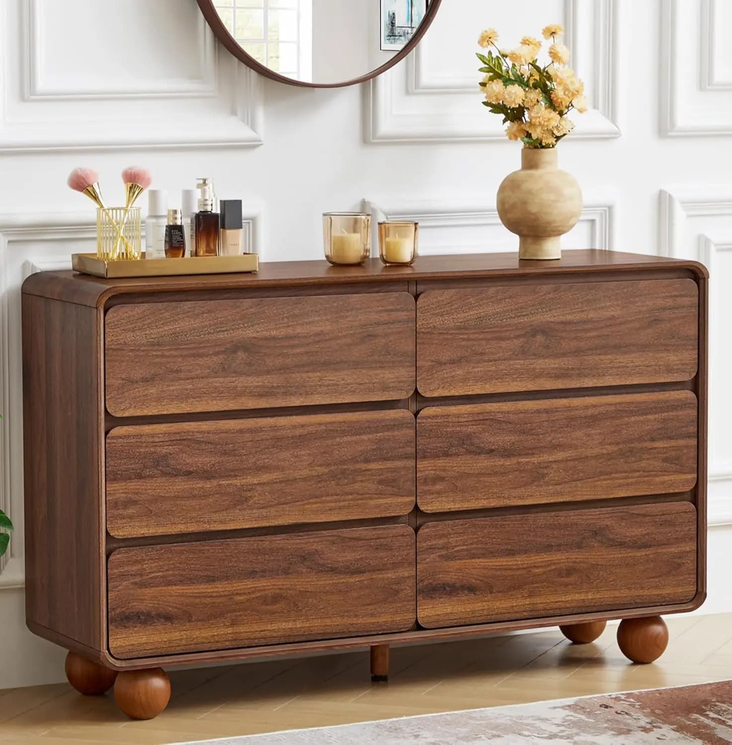 Cassettiera a 6 cassetti da 48 pollici di larghezza, senza maniglie, curva, in stile Mid-Century, per camera da letto, in noce, personalizzabile
