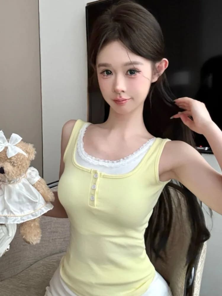 Sexy Sweet Spicy Lace Trim Halter Vest Women's Outerwear Spring Summer Dopaamine Matching Short Sleeve Blouse GZL10206770