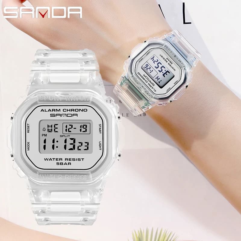 SANDA White Fashion Sport Watch Diamond Gift Transparent LED Watch Digital Men's Watch Women's electronic watch Reloj Mujer 2009